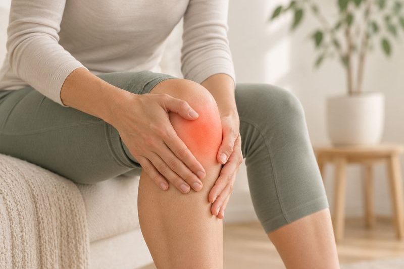 Frau hält sich bei Knieschmerzen das Knie