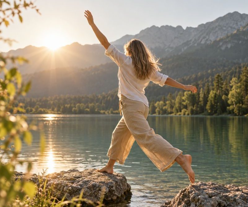 Frau in Bewegung am See – Symbol für Beweglichkeit und Wohlbefinden